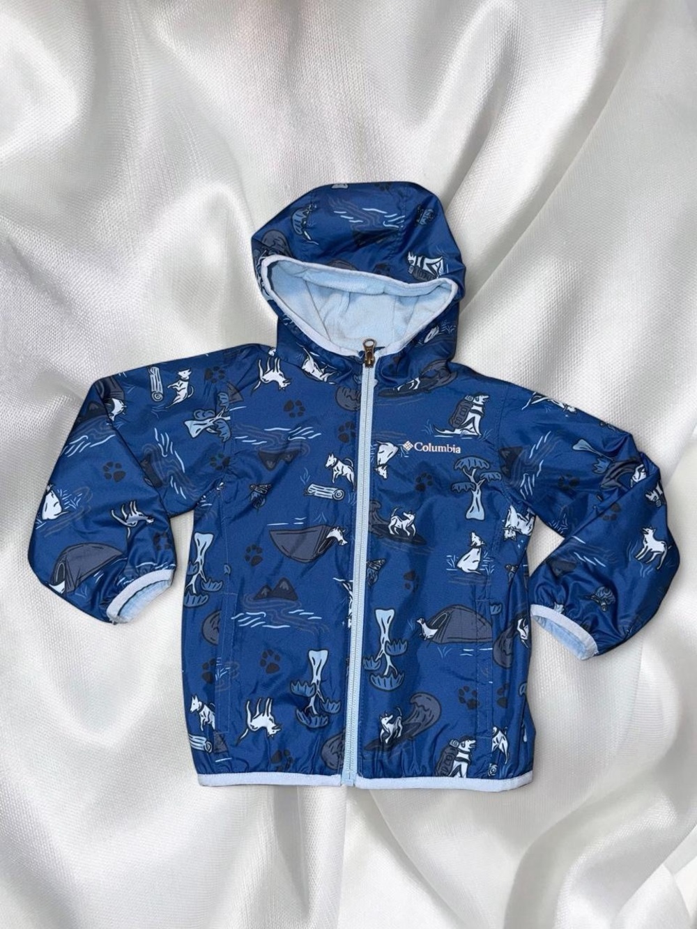 Columbia Blue Hooded Fleece Lined lightweight Jacket with Outdoor Animal Print